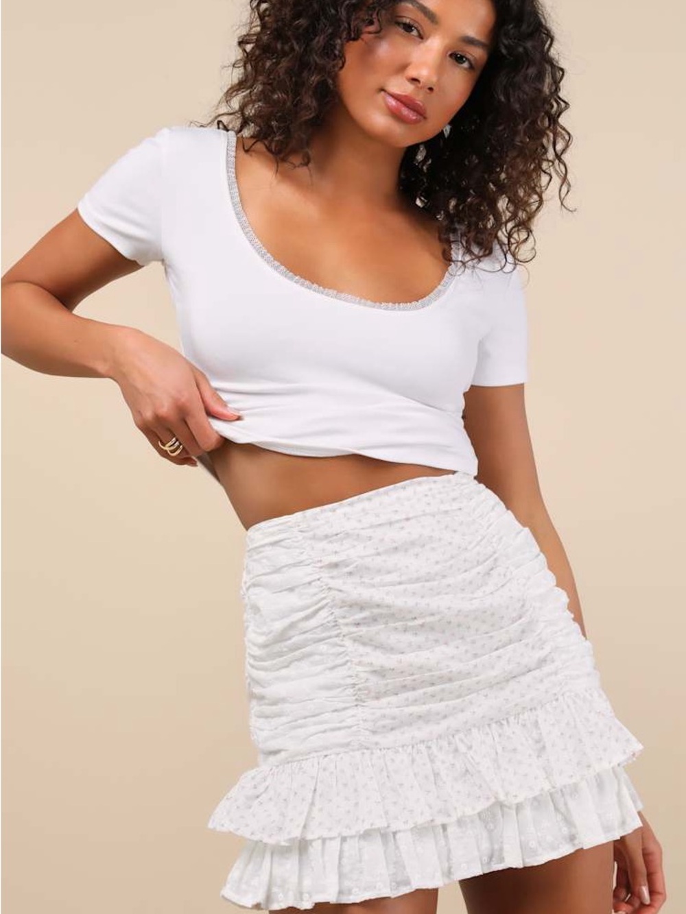NEW WITH TAGS Lulus Bryony White Ditsy Floral Tiered Mini Skirt - Picture 2 of 6